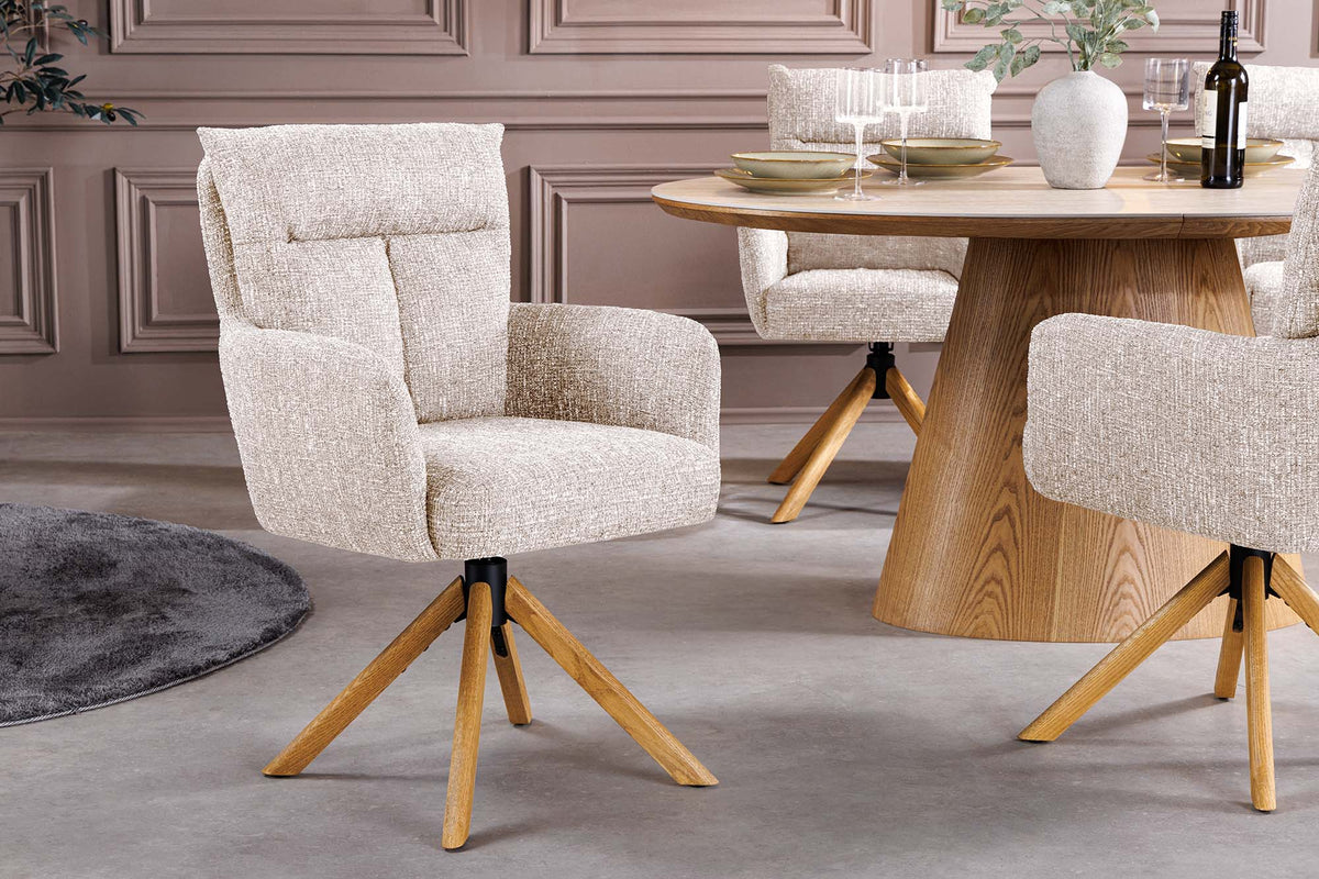 Lot de 2x Chaise pivotante BIG GEORGE champagne grège tissu structuré bois de chêne avec accoudoir