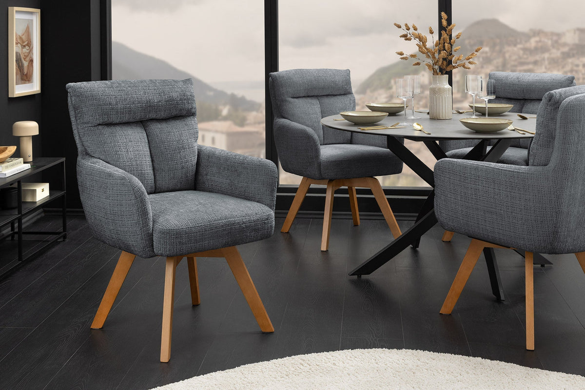 Lot de 2x Chaise pivotante BIG GEORGE gris chenille Cremona naturel bois de hêtre avec accoudoirs