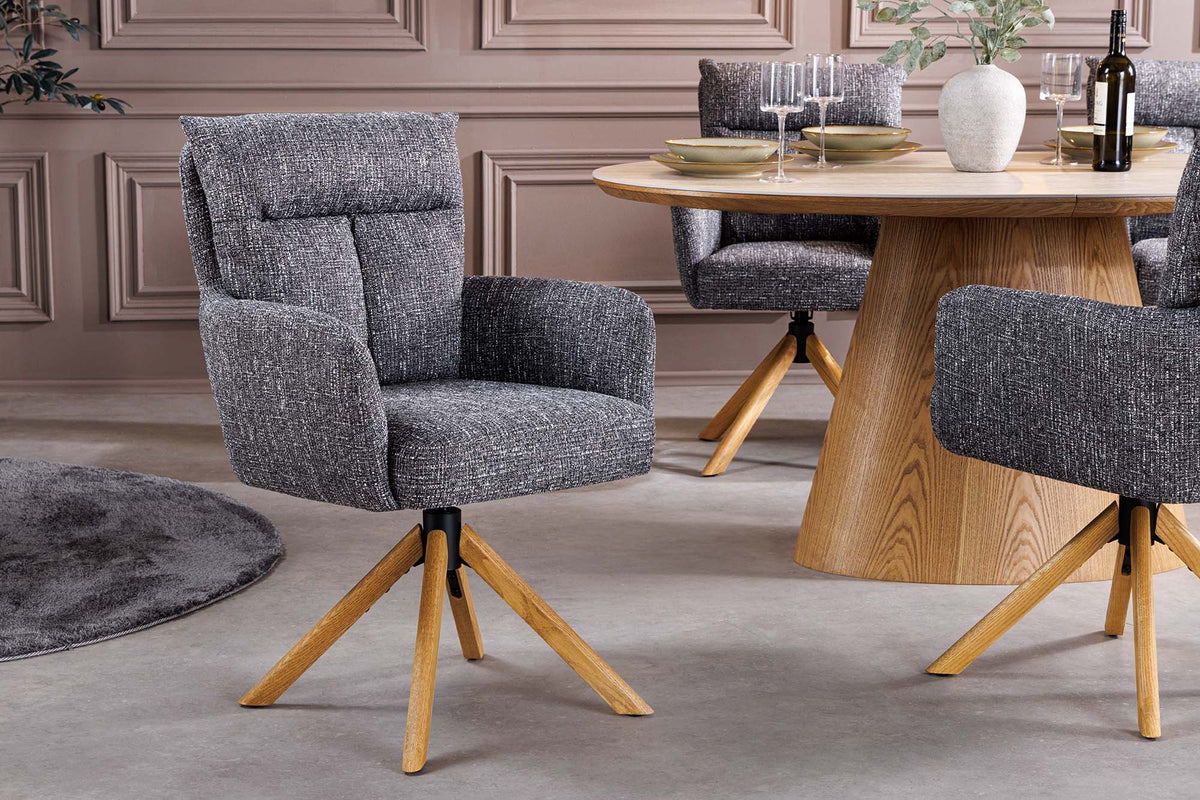 Lot de 2x Chaise pivotante BIG GEORGE gris tissu structuré bois de chêne avec accoudoir