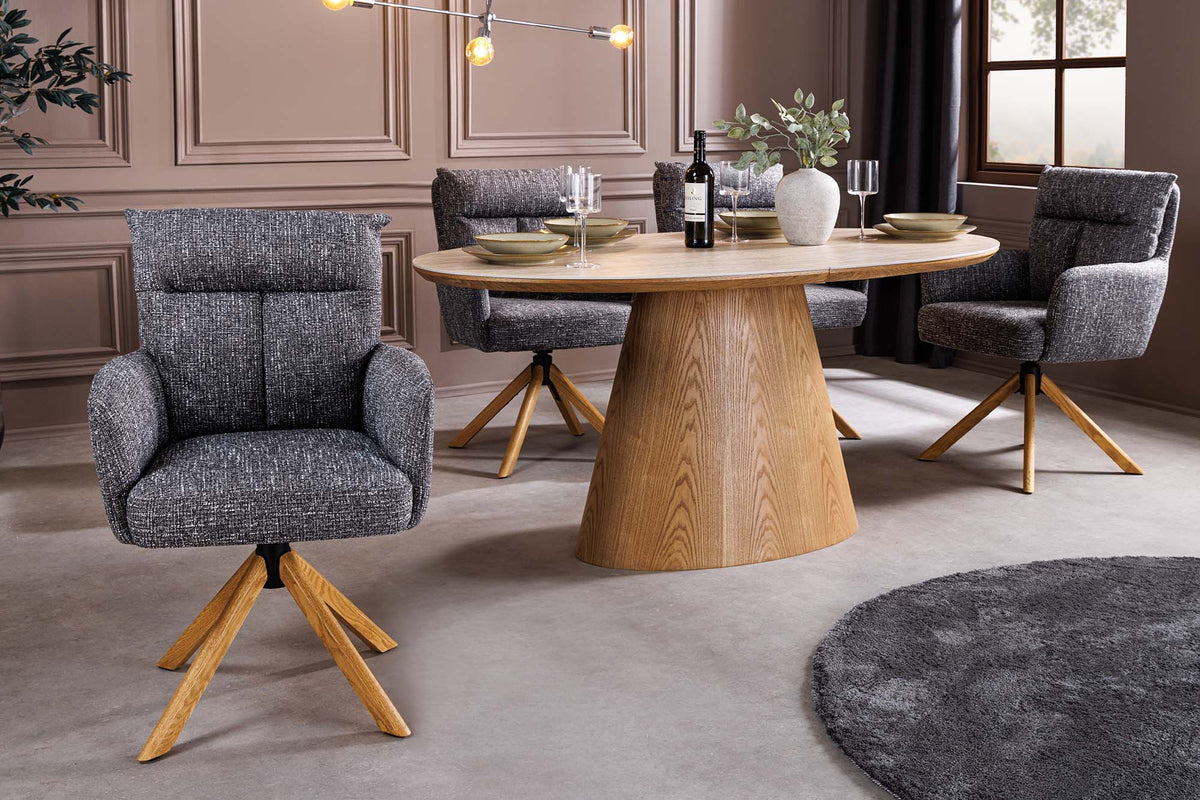 Lot de 2x Chaise pivotante BIG GEORGE gris tissu structuré bois de chêne avec accoudoir