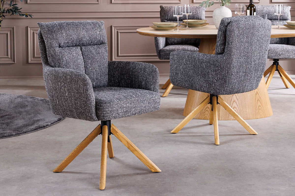 Lot de 2x Chaise pivotante BIG GEORGE gris tissu structuré bois de chêne avec accoudoir