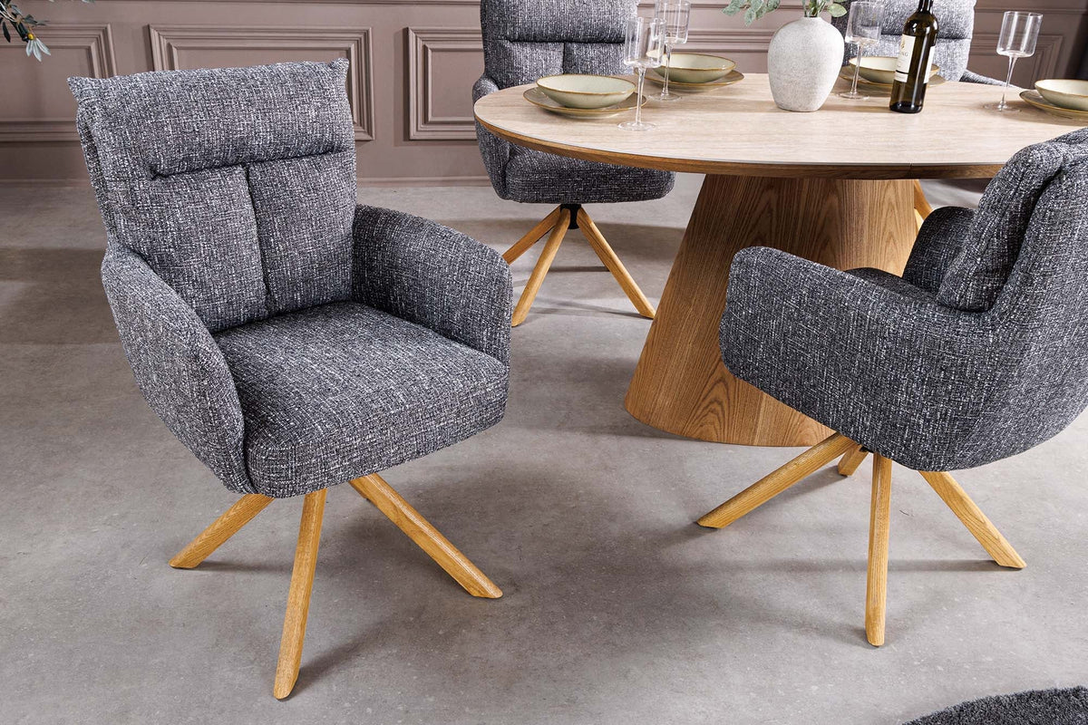 Lot de 2x Chaise pivotante BIG GEORGE gris tissu structuré bois de chêne avec accoudoir