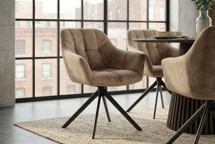 Lot de 2x Chaise pivotante PAPILLON champagne grège velours avec accoudoirs piètement métal noir