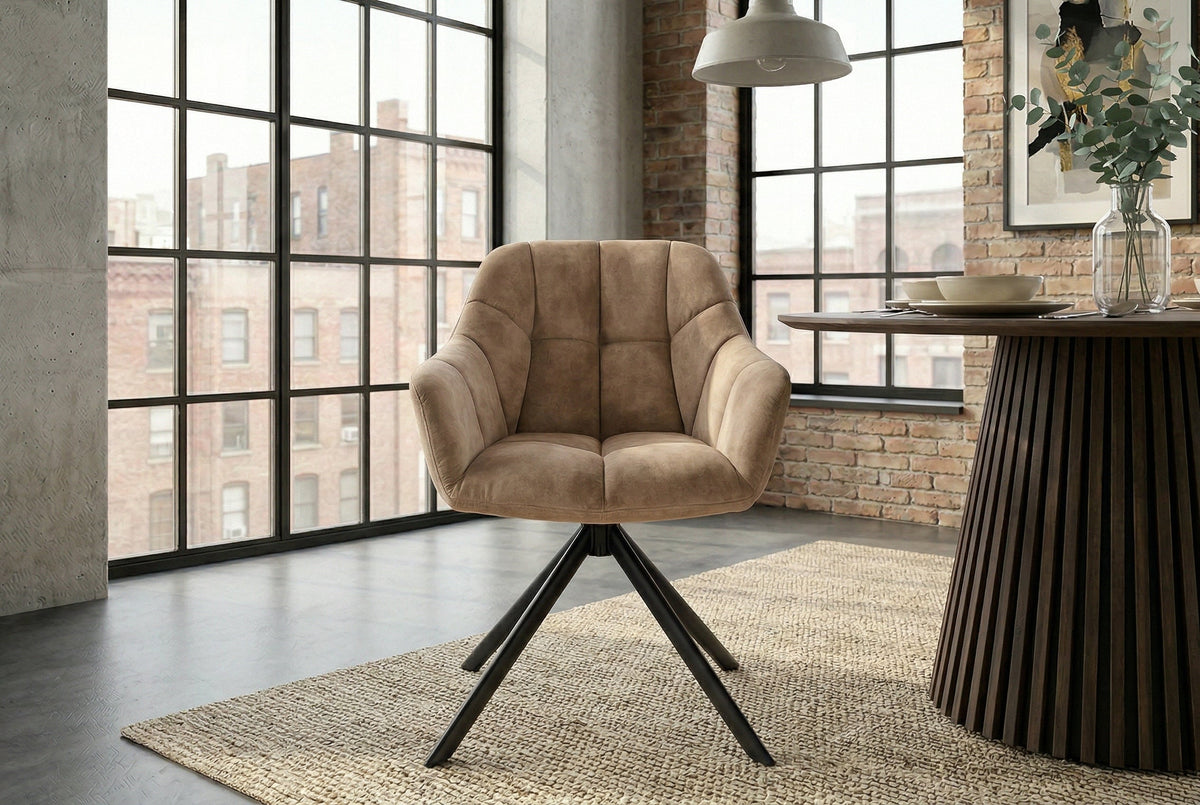 Lot de 2x Chaise pivotante PAPILLON champagne grège velours avec accoudoirs piètement métal noir