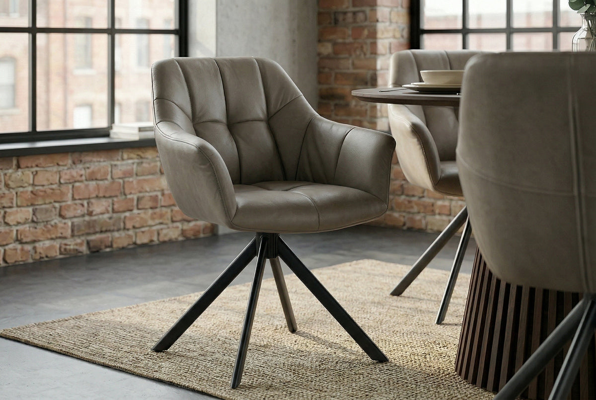 Lot de 2x Chaise pivotante PAPILLON taupe cuir véritable avec accoudoir cadre noir