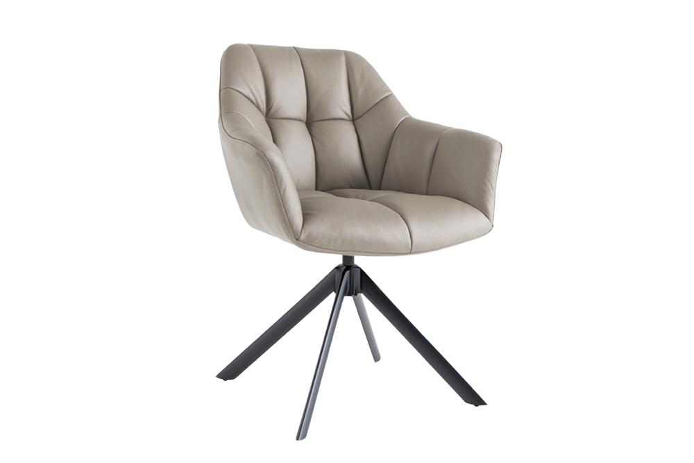 Lot de 2x Chaise pivotante PAPILLON taupe cuir véritable avec accoudoir cadre noir