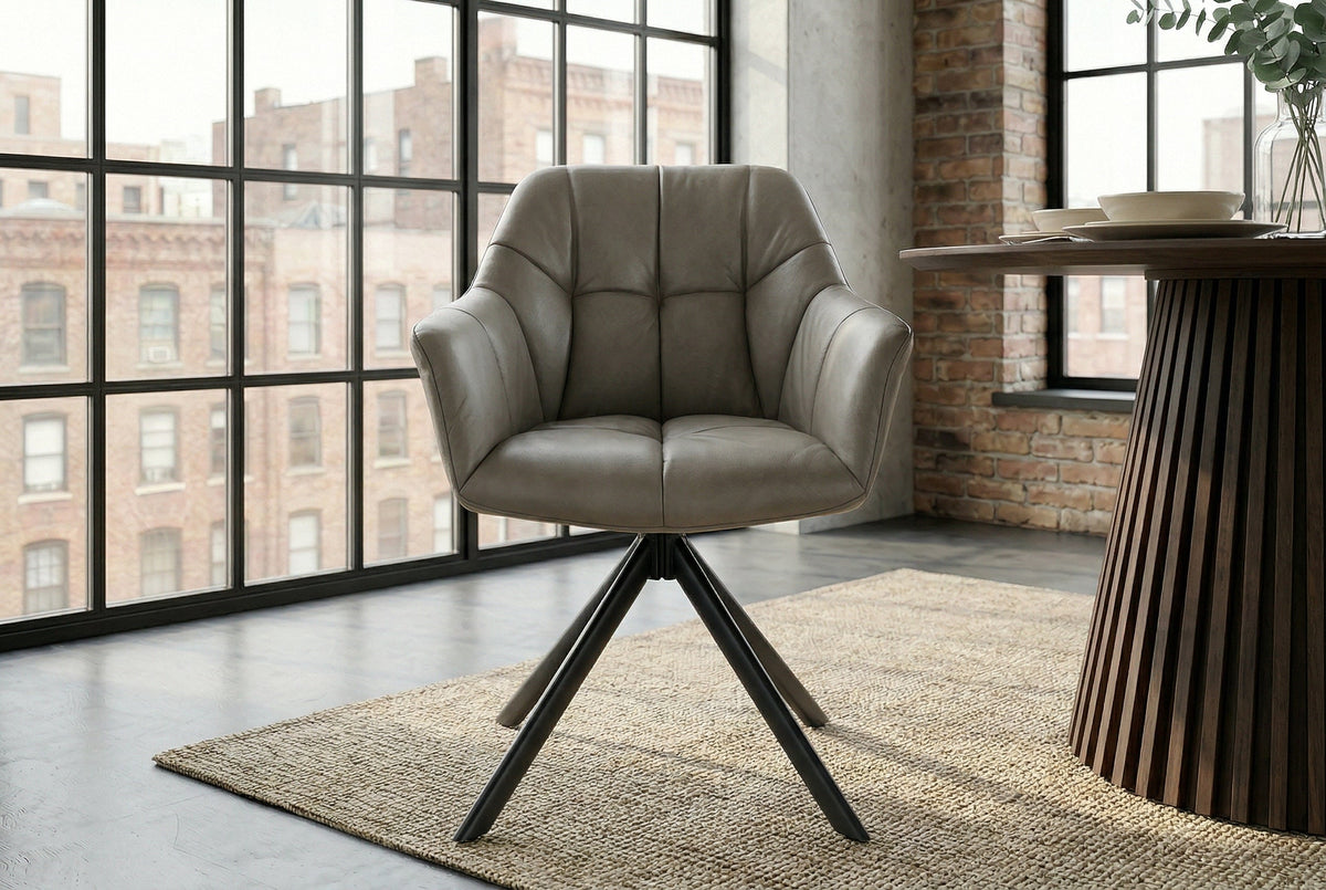 Lot de 2x Chaise pivotante PAPILLON taupe cuir véritable avec accoudoir cadre noir