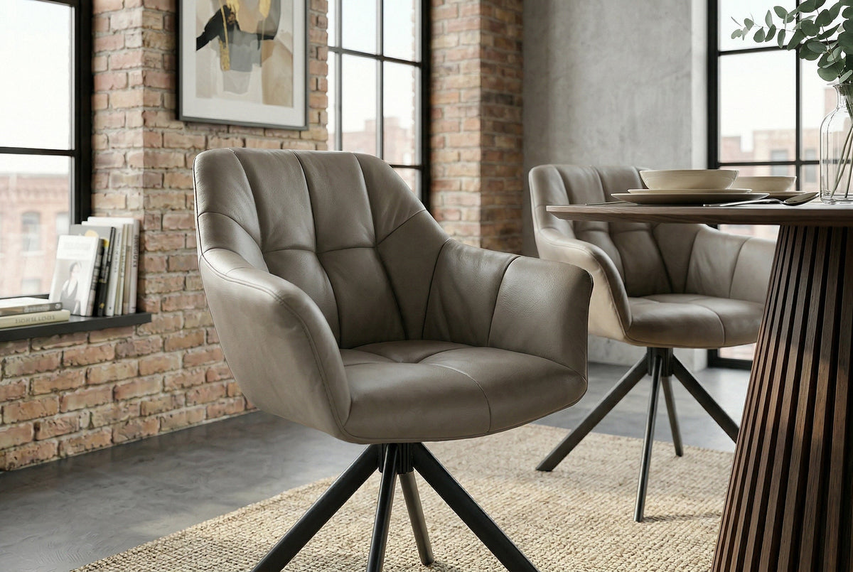 Lot de 2x Chaise pivotante PAPILLON taupe cuir véritable avec accoudoir cadre noir