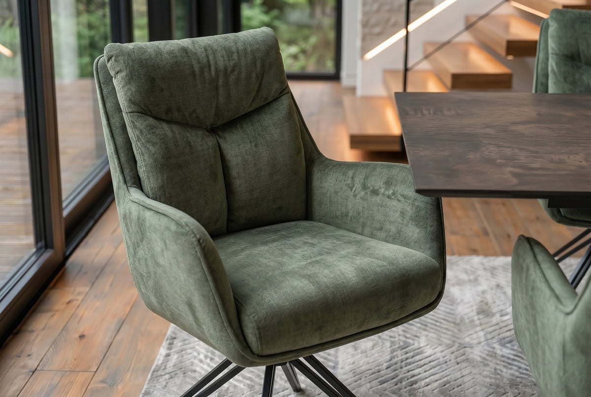 Lot de 2x Chaise pivotante PROMETHEUS vert mousse Vogue Velours velours ressorts ensachés métal