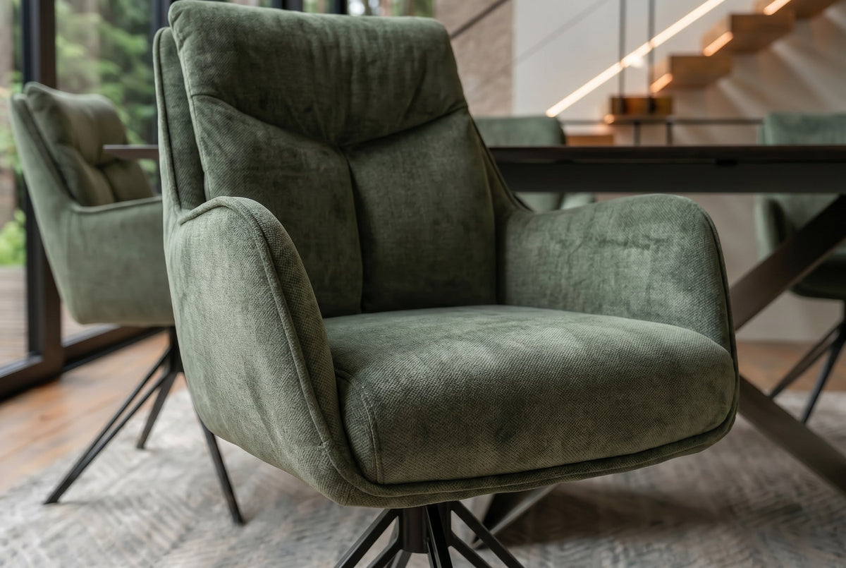 Lot de 2x Chaise pivotante PROMETHEUS vert mousse Vogue Velours velours ressorts ensachés métal