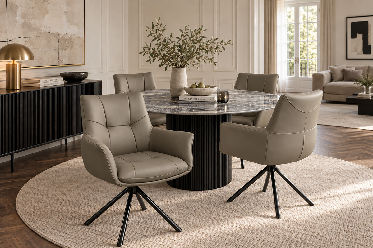 Lot de 2x Chaise pivotante SIGNATURE taupe cuir véritable 360° avec ressorts ensachés noir métal
