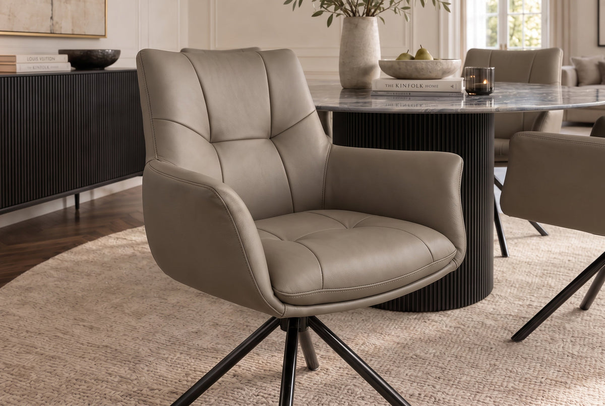 Lot de 2x Chaise pivotante SIGNATURE taupe cuir véritable 360° avec ressorts ensachés noir métal