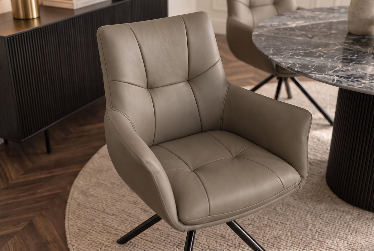 Lot de 2x Chaise pivotante SIGNATURE taupe cuir véritable 360° avec ressorts ensachés noir métal