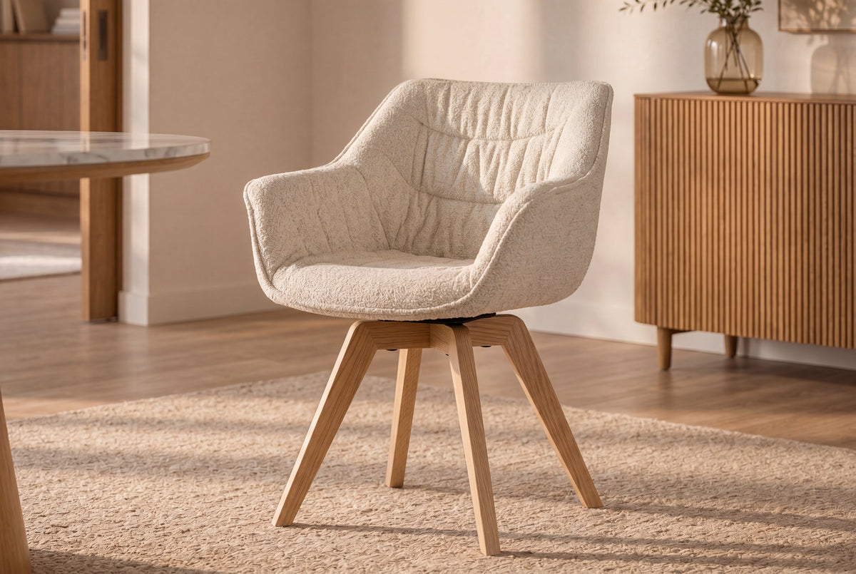 Lot de 2x Chaise pivotante THE DUTCH COMFORT beige Bouclé Tweed Soft bois de chêne