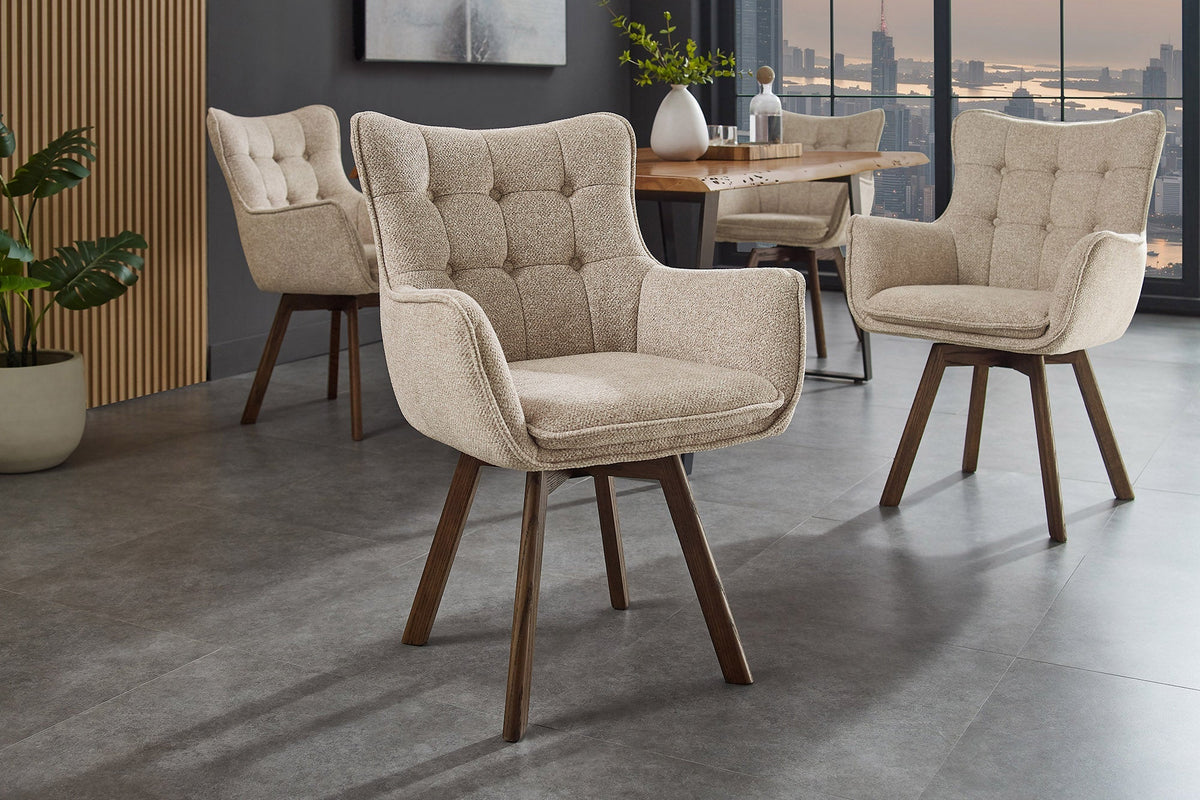 Lot de 2x Chaise pivotante THOR beige tissu structuré marron wengé bois de chêne 360° avec accoudoir