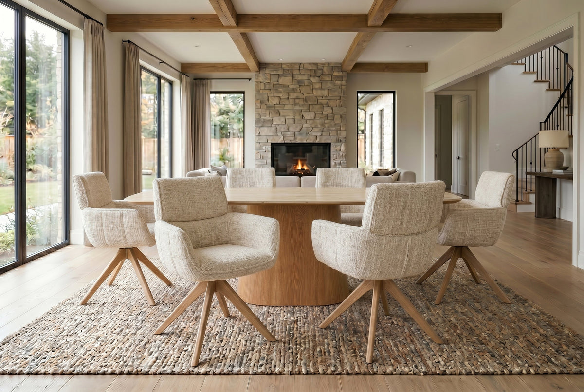Lot de 2x Chaise pivotante UNIQUE beige chenille pieds en bois de chêne avec accoudoirs