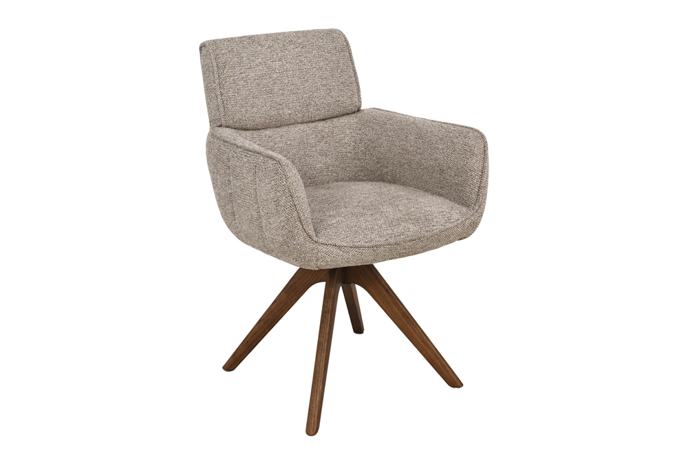 Lot de 2x Chaise pivotante UNIQUE taupe beige tissu structuré pieds en noyer avec accoudoir