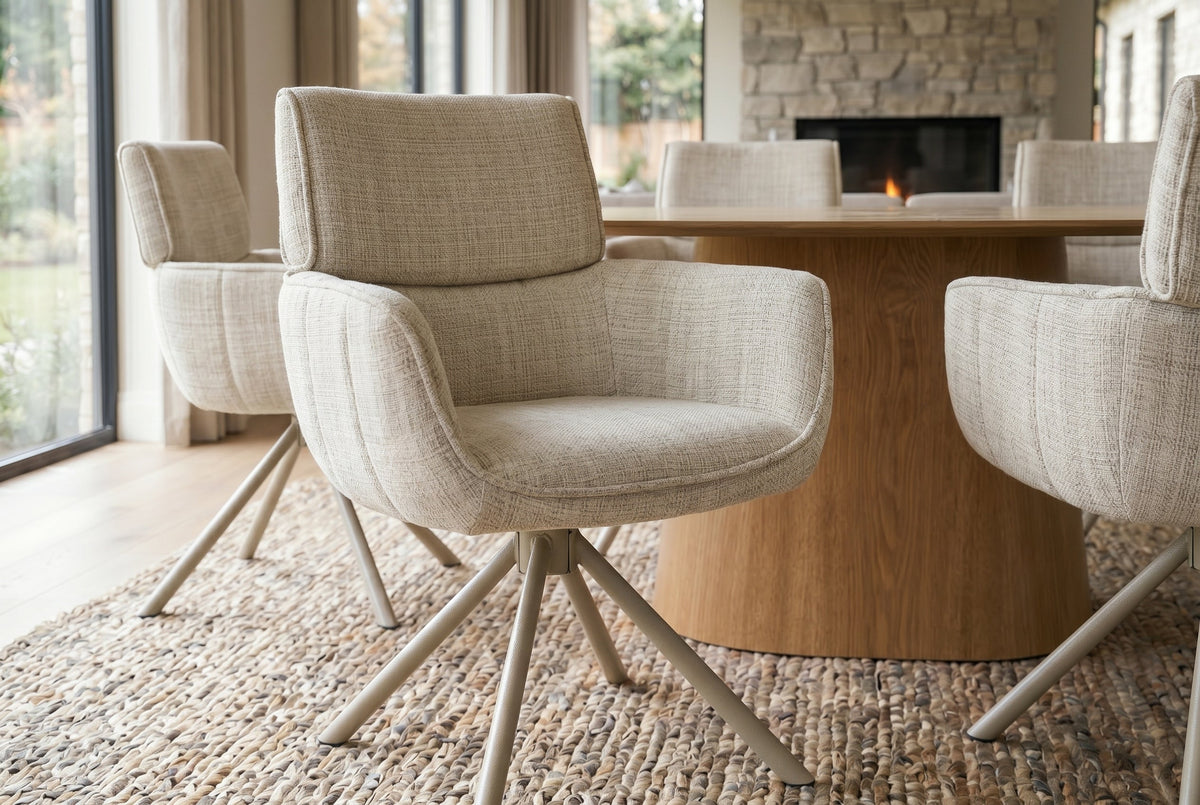 Lot de 2x Chaise rétro pivotante UNIQUE beige chenille Cremona métal champagne-beige
