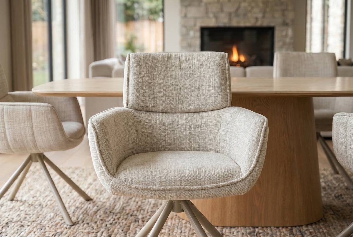 Lot de 2x Chaise rétro pivotante UNIQUE beige chenille Cremona métal champagne-beige