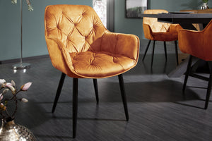 Lot de 2x Design chaise MILANO jaune moutarde velours avec accoudoir surpiqûre décorative rembourré pieds noirs en métal