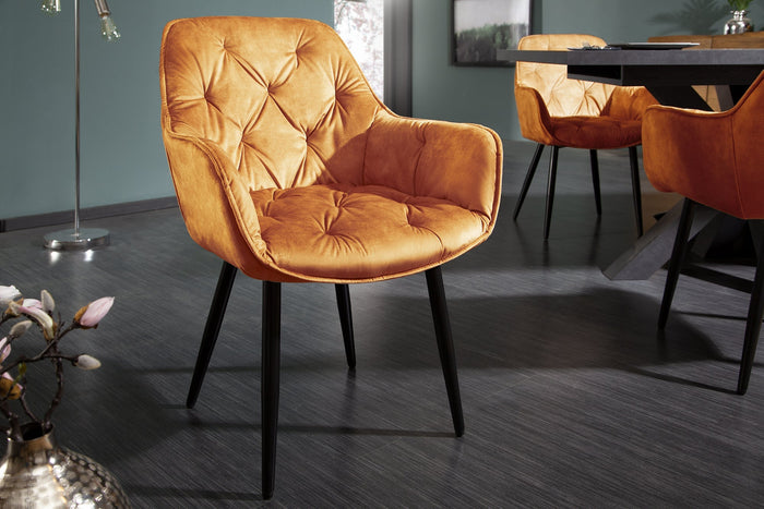 Lot de 2x Design chaise MILANO jaune moutarde velours avec accoudoir surpiqûre décorative rembourré pieds noirs en métal