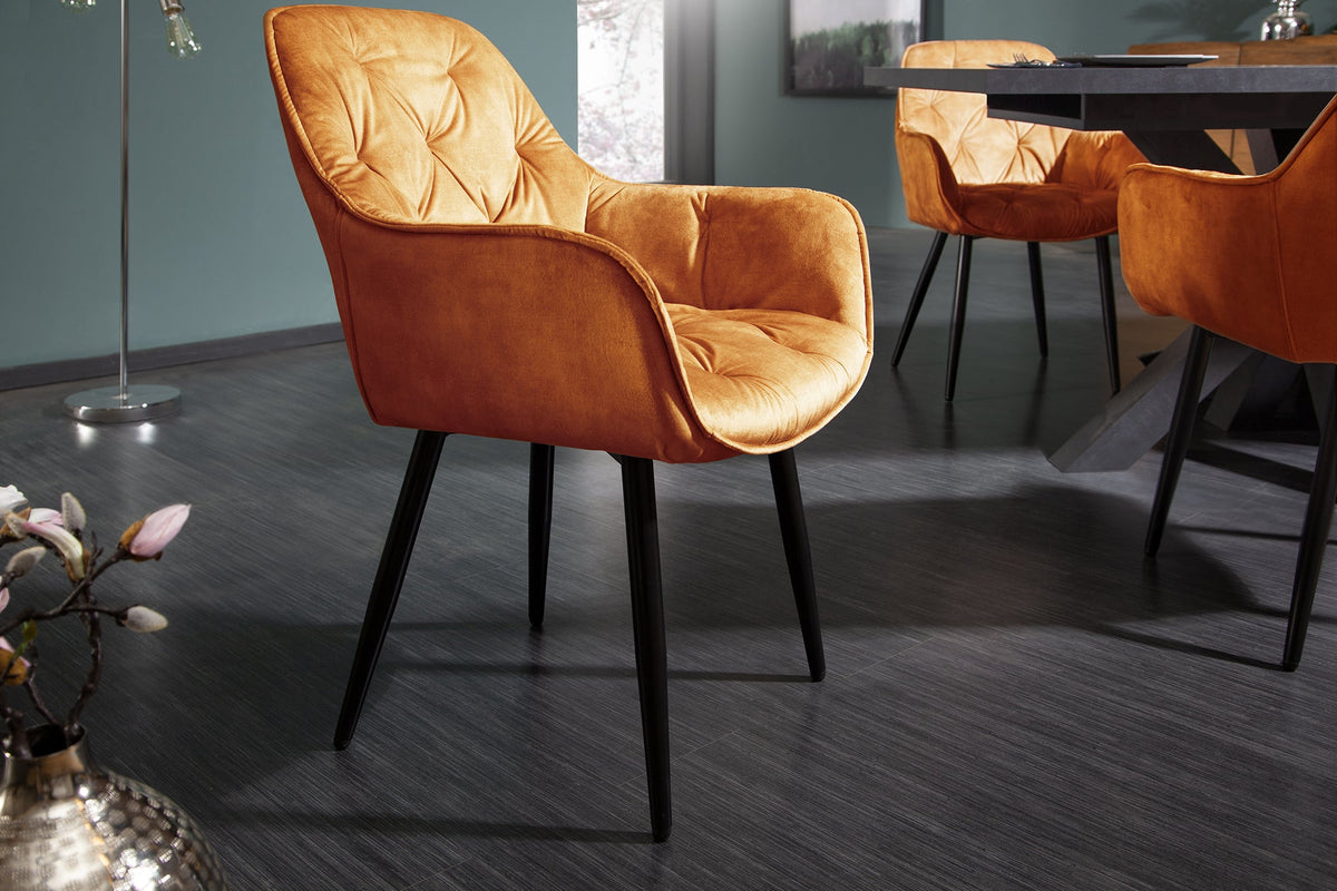 Lot de 2x Design chaise MILANO jaune moutarde velours avec accoudoir surpiqûre décorative rembourré pieds noirs en métal