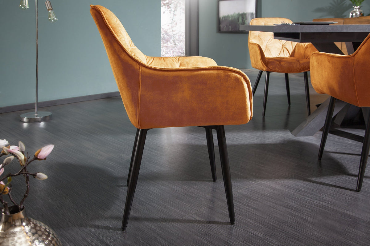 Lot de 2x Design chaise MILANO jaune moutarde velours avec accoudoir surpiqûre décorative rembourré pieds noirs en métal