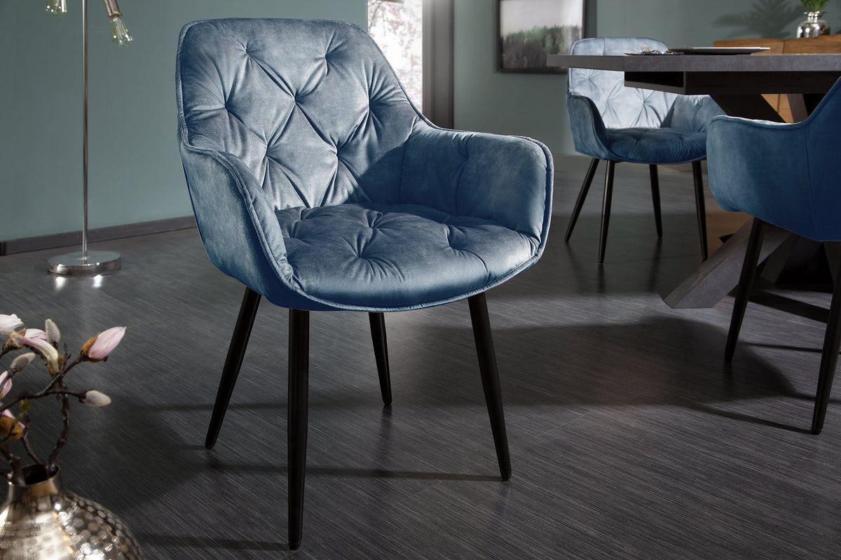 Lot de 2x Design chaise MILANO pétrole velours avec accoudoir surpiqûre décorative rembourrée pieds métalliques noirs