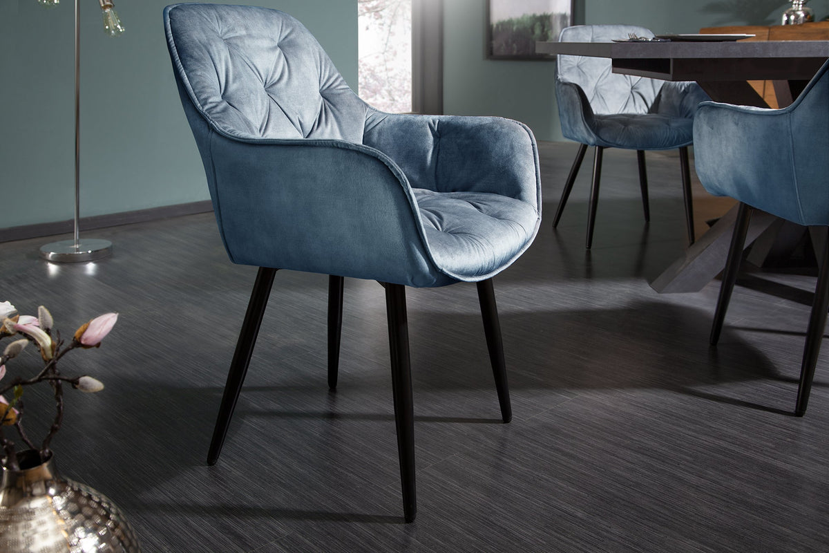 Lot de 2x Design chaise MILANO pétrole velours avec accoudoir surpiqûre décorative rembourrée pieds métalliques noirs