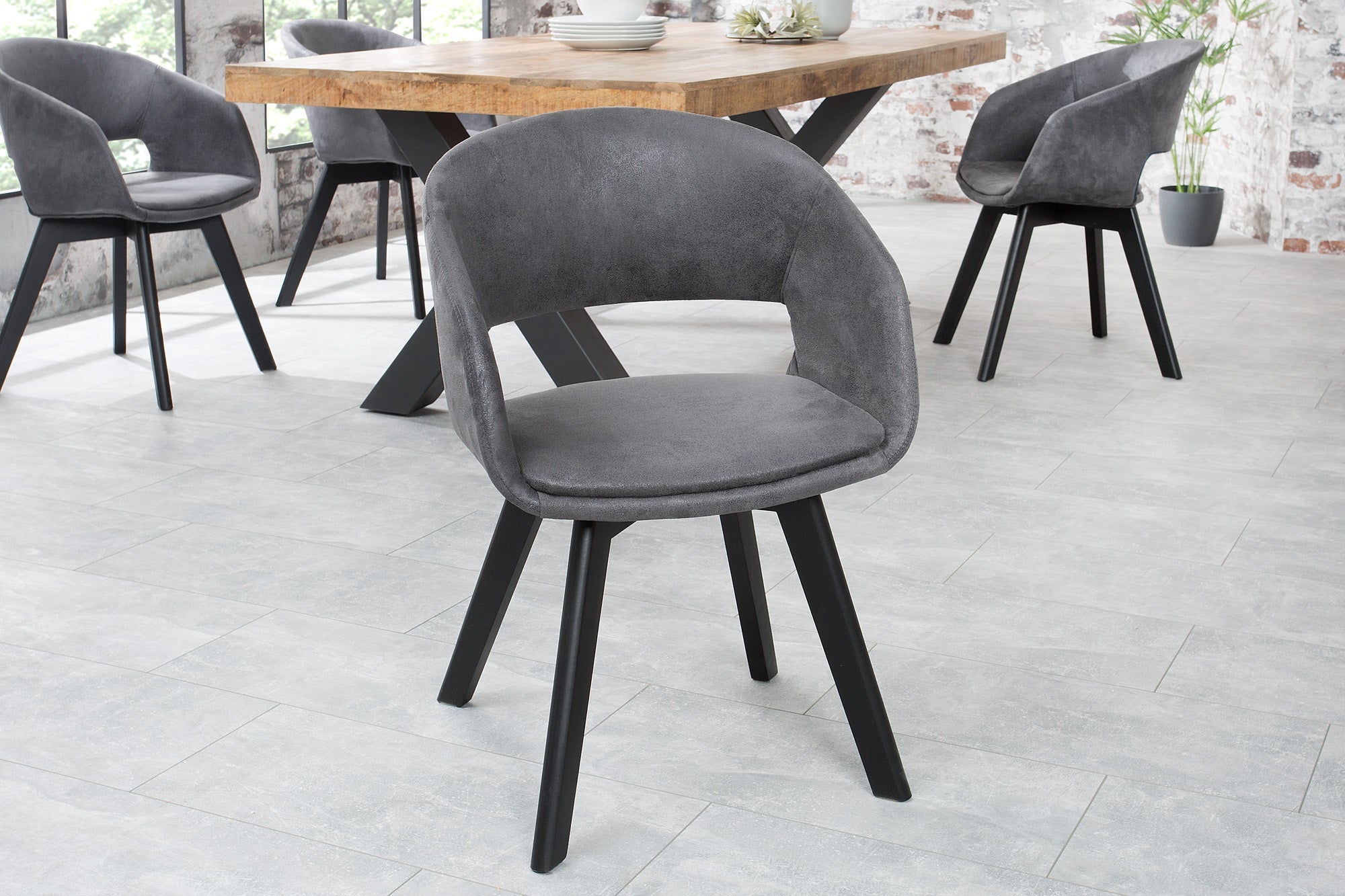 Lot de 2x Design chaise NORDIC STAR antique gris microfibre bois massif noir avec accoudoir rembourré