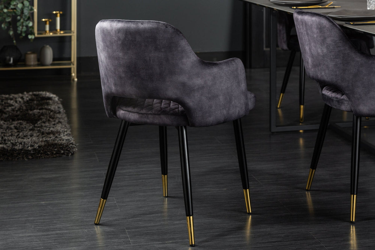 Lot de 2x Design chaise PARIS gris velours avec accoudoirs surpiqûre décorative embouts dorés rembourré