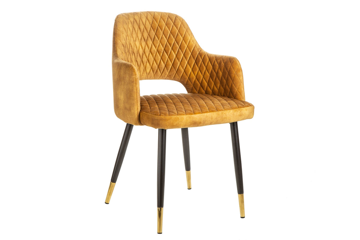 Lot de 2x Design chaise PARIS moutarde velours avec accoudoirs surpiqûre décorative embouts de pied dorés