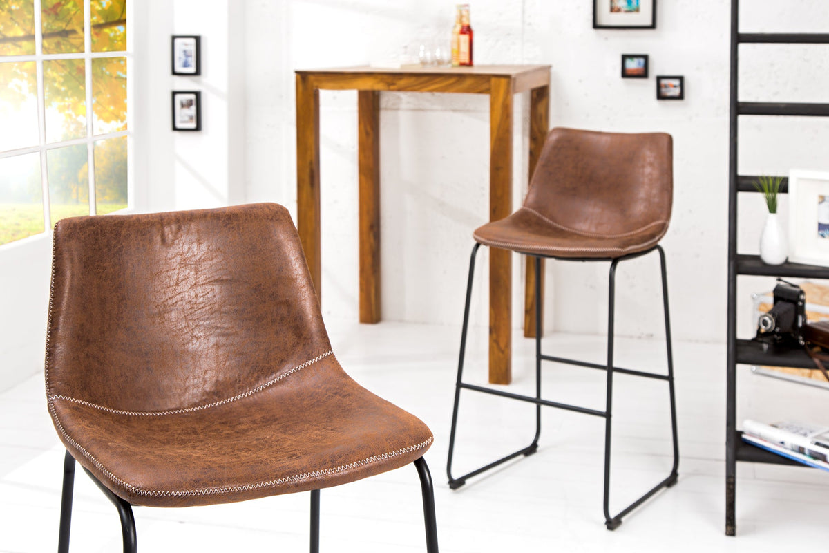 Lot de 2x Design tabouret de bar DJANGO vintage marron microfibre avec dossier structure en fer noir