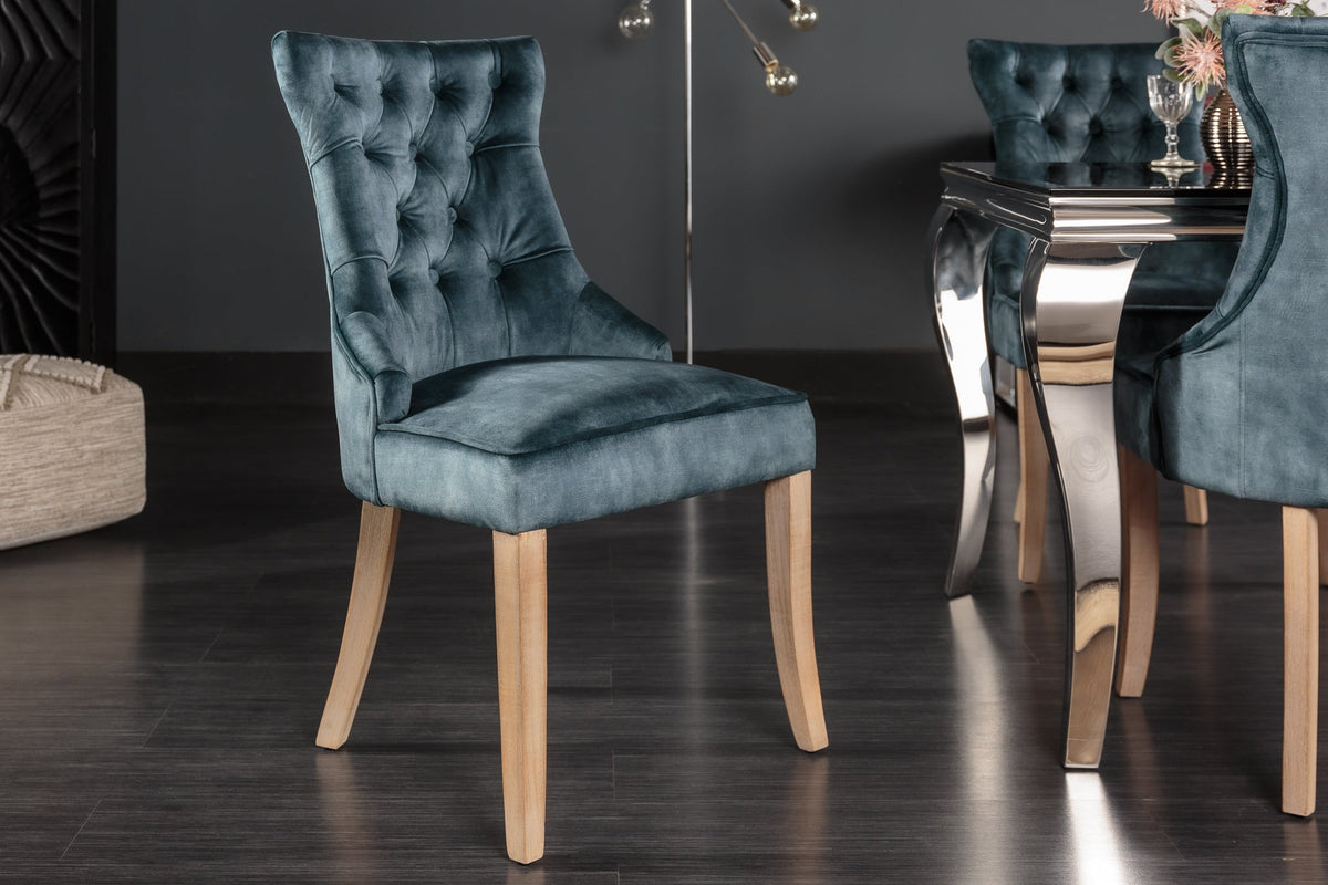 Lot de 2x Élégant fauteuil CASTLE pétrole velours style maison de campagne avec poignée confort