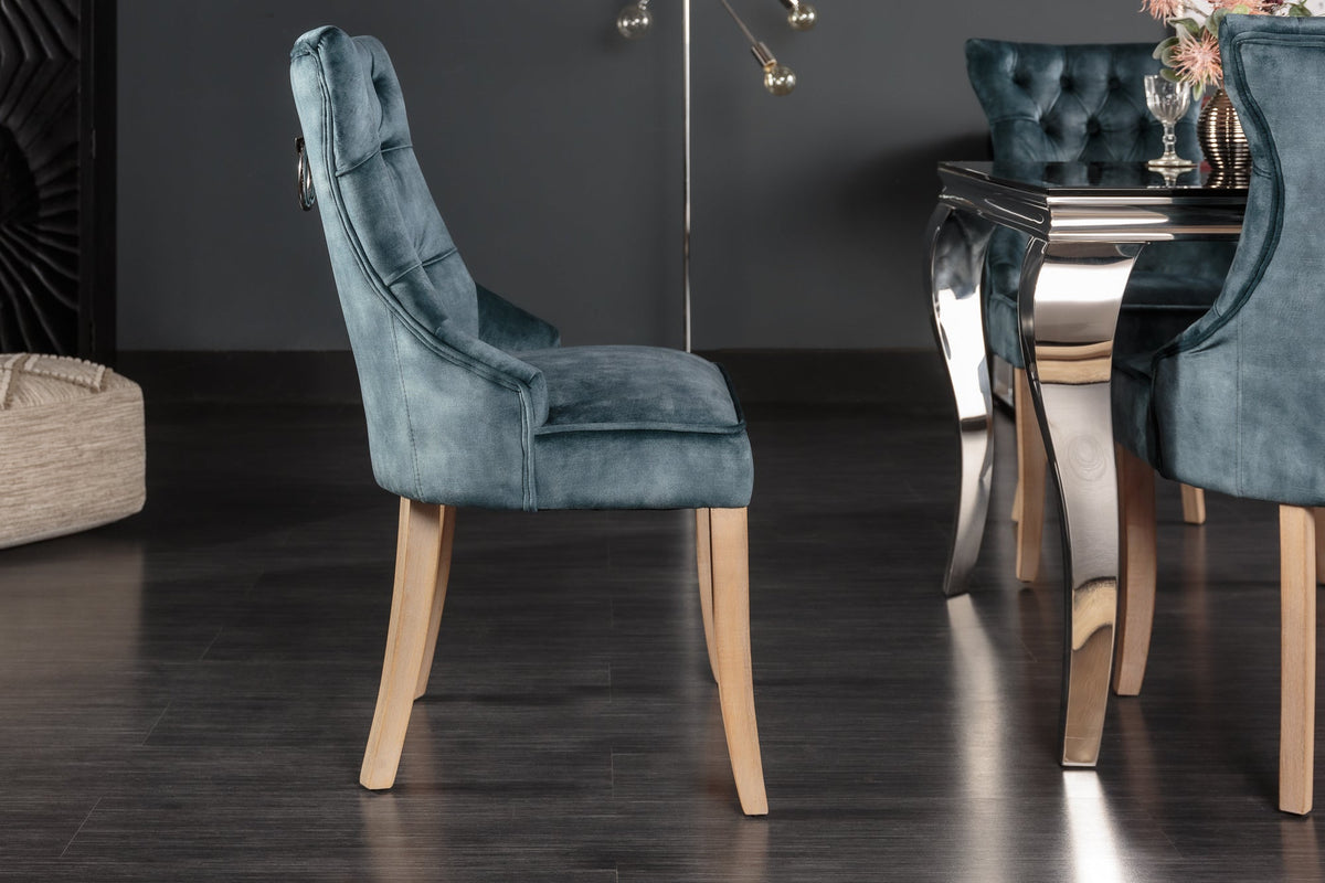 Lot de 2x Élégant fauteuil CASTLE pétrole velours style maison de campagne avec poignée confort