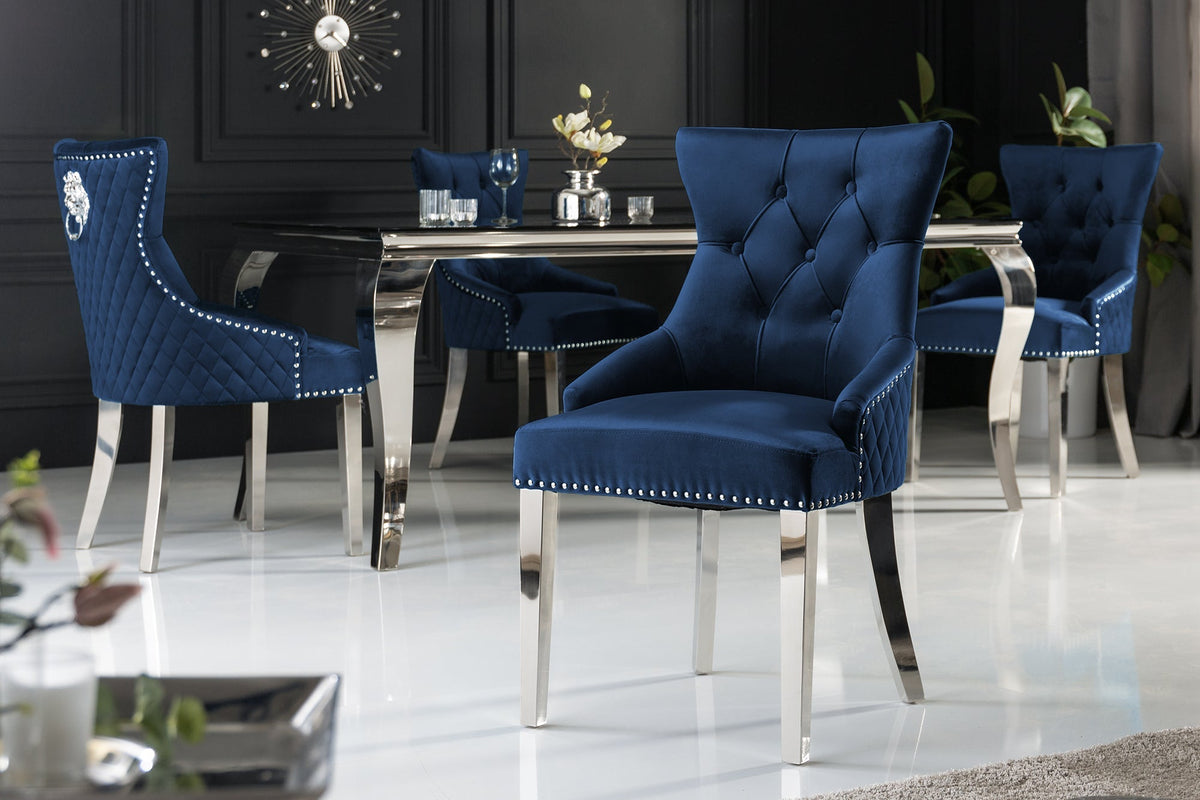 Lot de 2x Fauteuil baroque CASTLE DELUXE royal bleu velours tête de lion design Chesterfield chaise de salle à manger clous