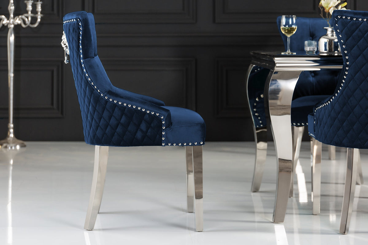 Lot de 2x Fauteuil baroque CASTLE DELUXE royal bleu velours tête de lion design Chesterfield chaise de salle à manger clous