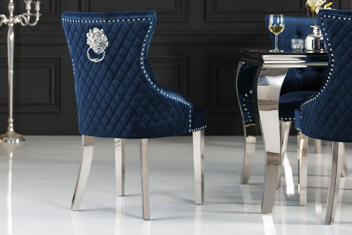 Lot de 2x Fauteuil baroque CASTLE DELUXE royal bleu velours tête de lion design Chesterfield chaise de salle à manger clous