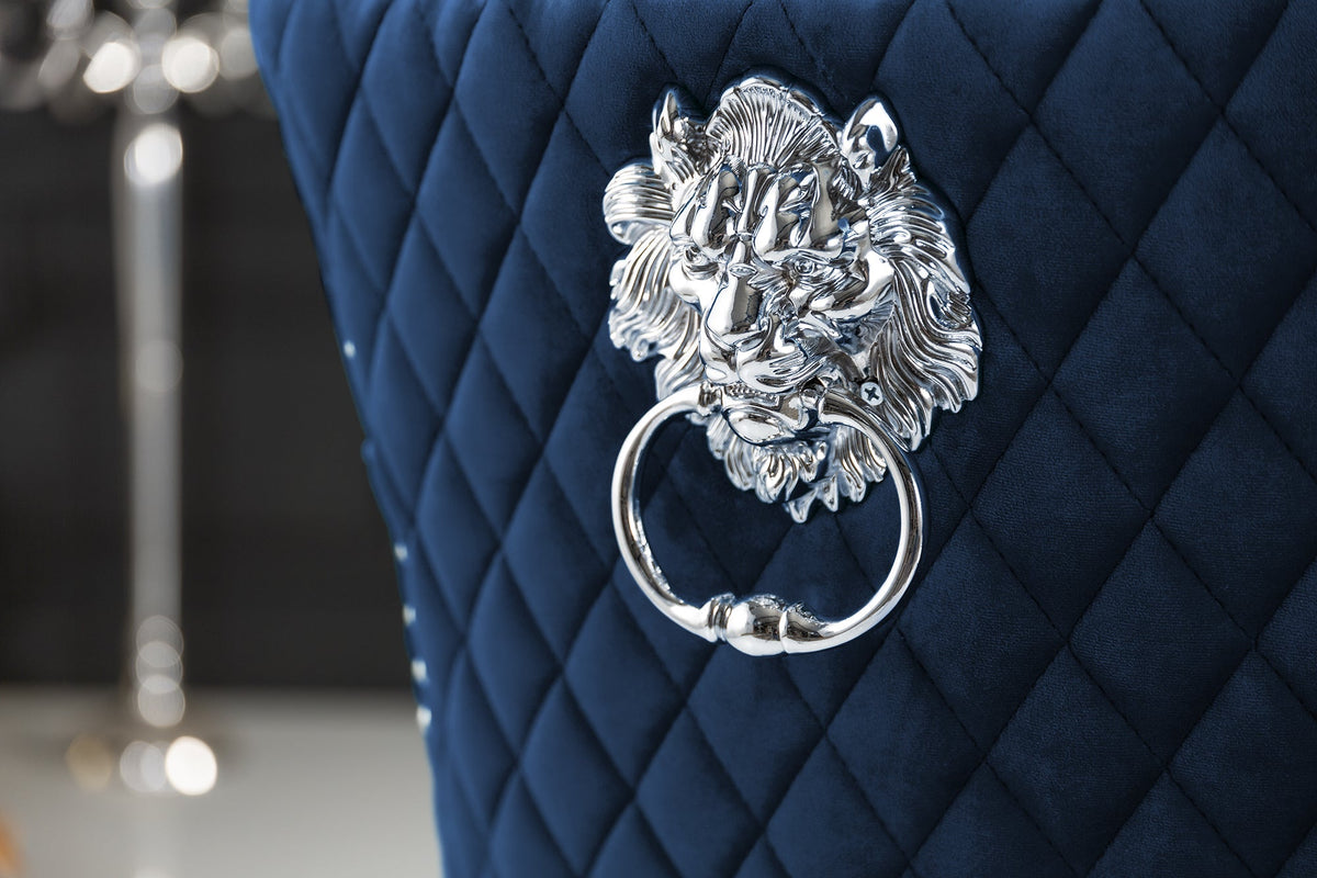 Lot de 2x Fauteuil baroque CASTLE DELUXE royal bleu velours tête de lion design Chesterfield chaise de salle à manger clous