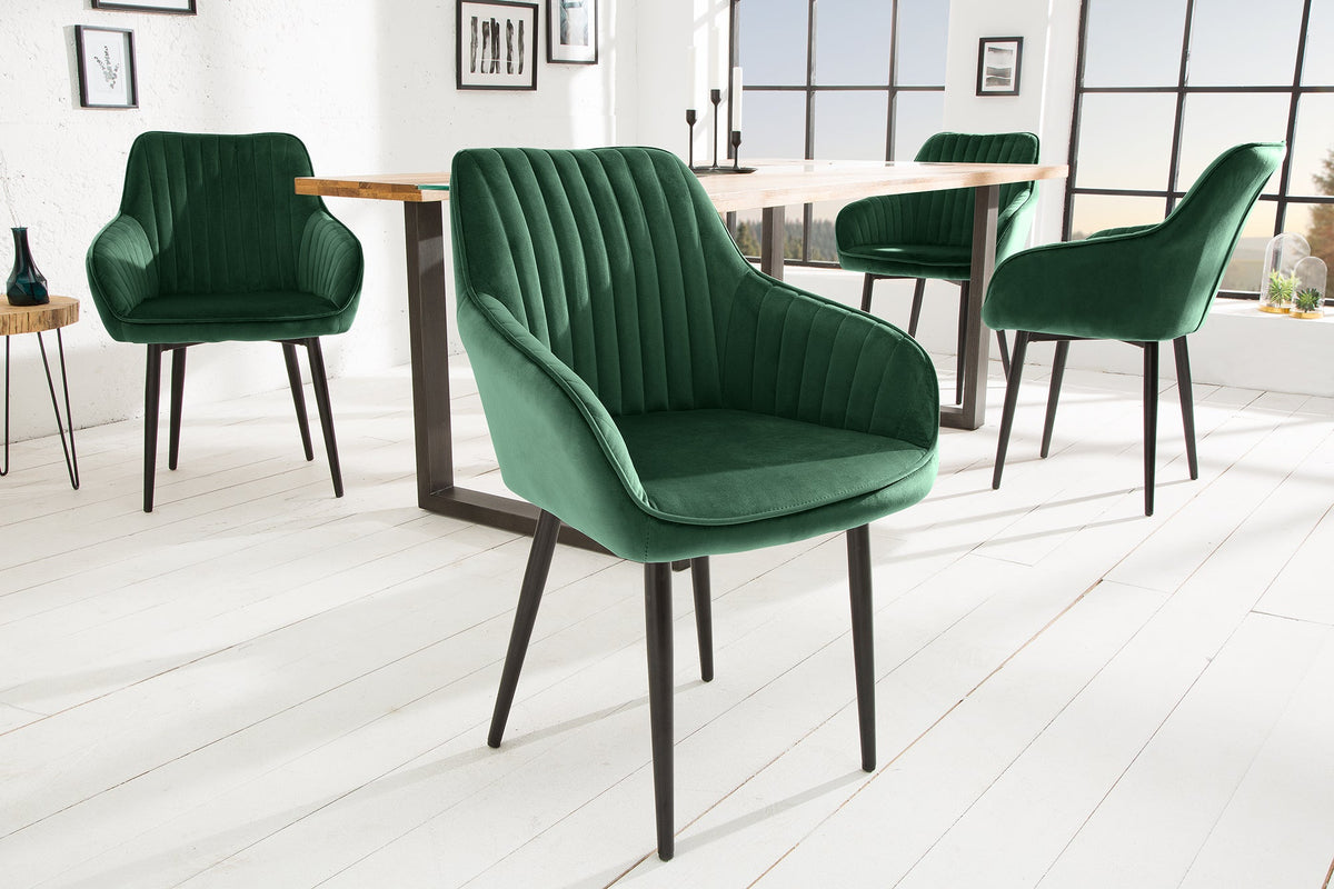 Lot de 2x Fauteuil élégant à accoudoirs TURIN vert émeraude en velours avec surpiqûre décorative