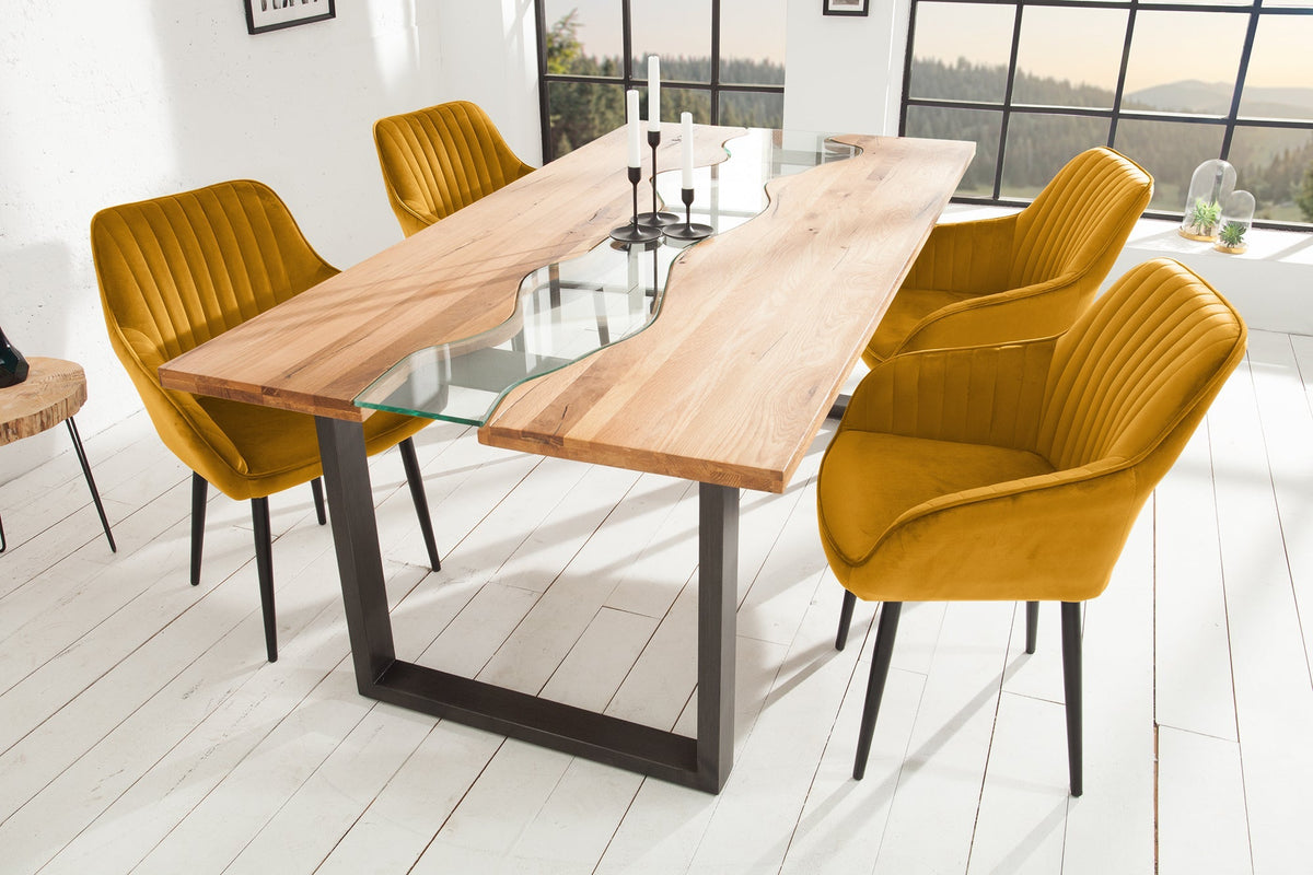 Lot de 2x Fauteuil élégant avec accoudoirs TURIN jaune moutarde velours avec surpiqûre décorative