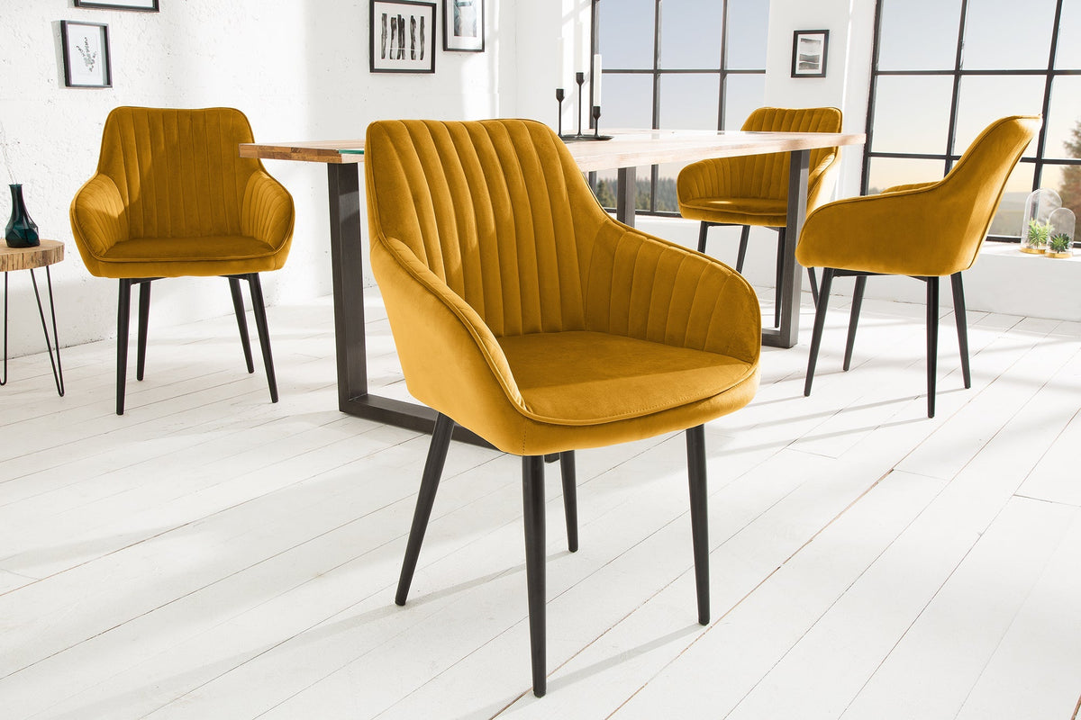 Lot de 2x Fauteuil élégant avec accoudoirs TURIN jaune moutarde velours avec surpiqûre décorative