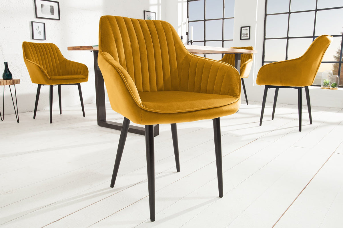 Lot de 2x Fauteuil élégant avec accoudoirs TURIN jaune moutarde velours avec surpiqûre décorative