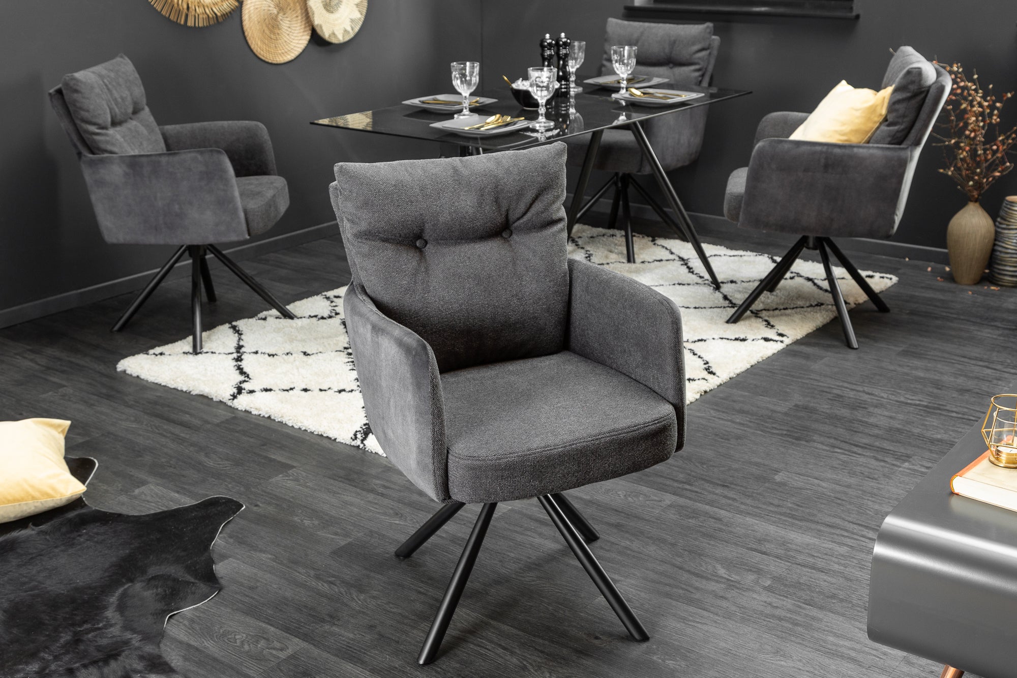 Lot de 2x Fauteuil pivotant BIG GEORGE anthracite velours tissu structuré accoudoir ressorts ensachés