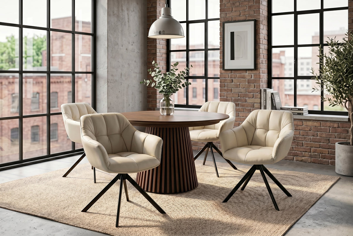 Lot de 2x Fauteuil pivotant PAPILLON beige en cuir véritable avec accoudoirs, piétement noir