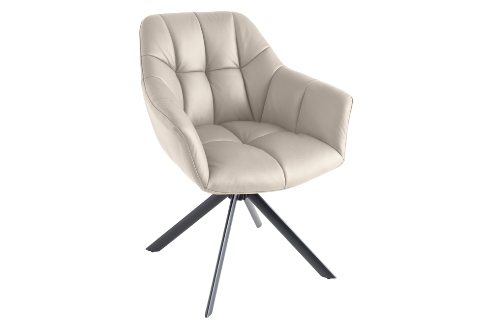Lot de 2x Fauteuil pivotant PAPILLON beige en cuir véritable avec accoudoirs, piétement noir