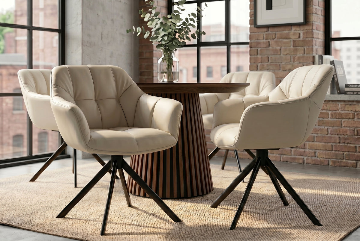 Lot de 2x Fauteuil pivotant PAPILLON beige en cuir véritable avec accoudoirs, piétement noir