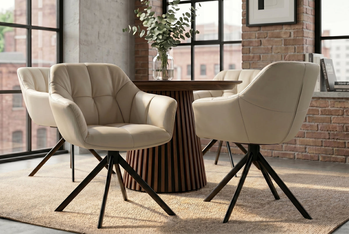 Lot de 2x Fauteuil pivotant PAPILLON beige en cuir véritable avec accoudoirs, piétement noir