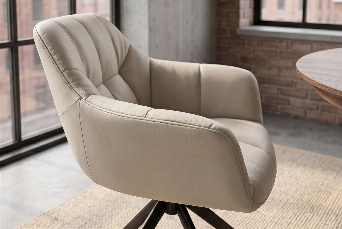 Lot de 2x Fauteuil pivotant PAPILLON beige en cuir véritable avec accoudoirs, piétement noir