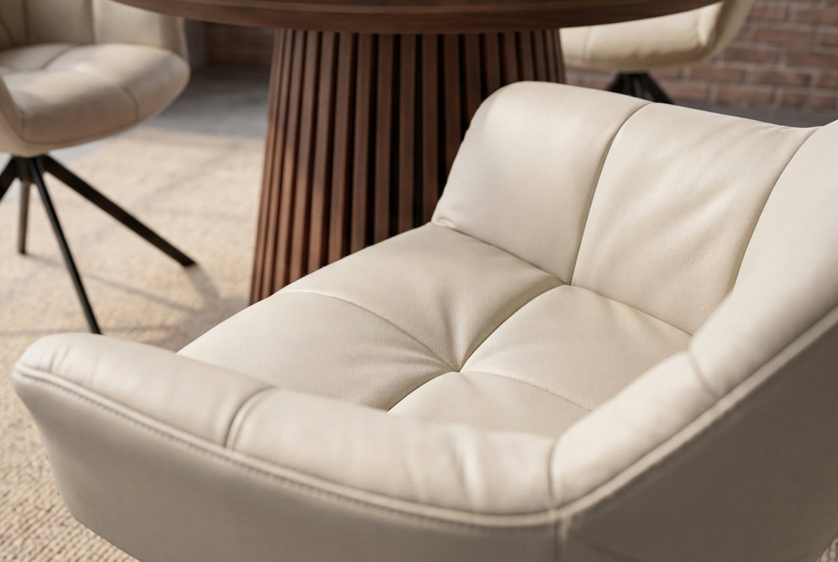 Lot de 2x Fauteuil pivotant PAPILLON beige en cuir véritable avec accoudoirs, piétement noir